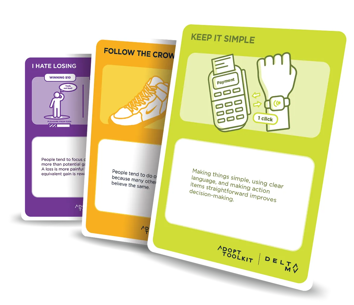 Three AdoptToolkit cards: I Hate Losing, Follow the Crowd and Keep It Simple