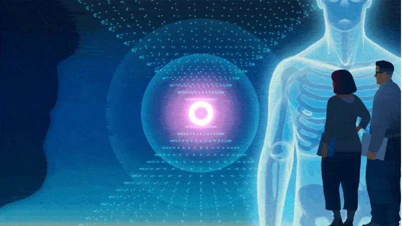 Illustration of two clinicians looking at a glowing digital human figure